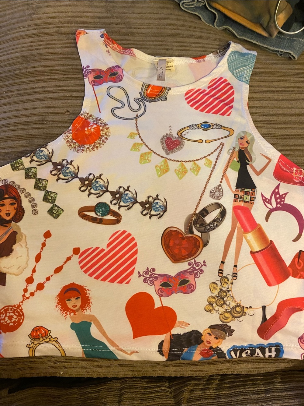 Graphic Jewelry & Fashion Print Crop Tank - White Base with Red & Pink Accents